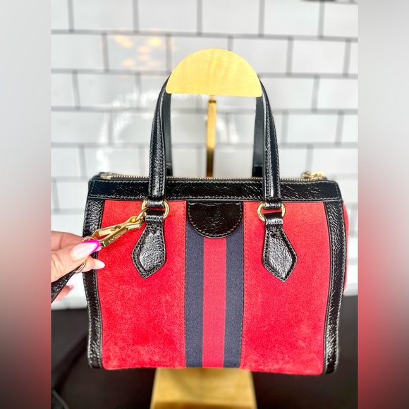 Gucci red suede small Ophidia top handle two way w/ Entrupy COA - Picture 3 of 8